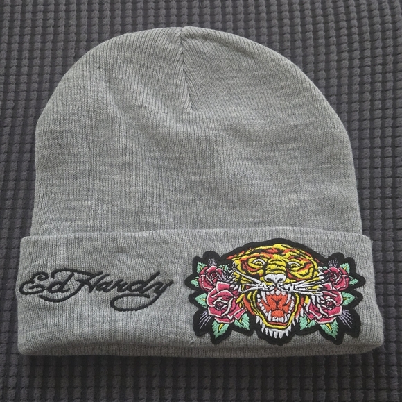 Ed Hardy Other - Ed Hardy Gray Beanie with Tiger and Rose Embroidery